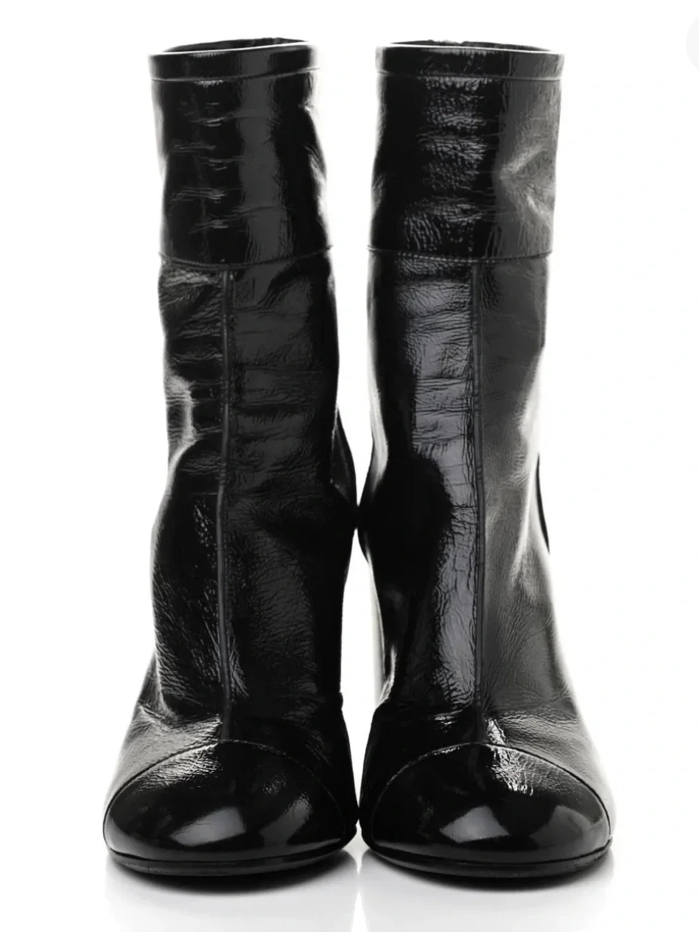 CHANEL Black Patent Leather Block Heel Mid-Calf Boots